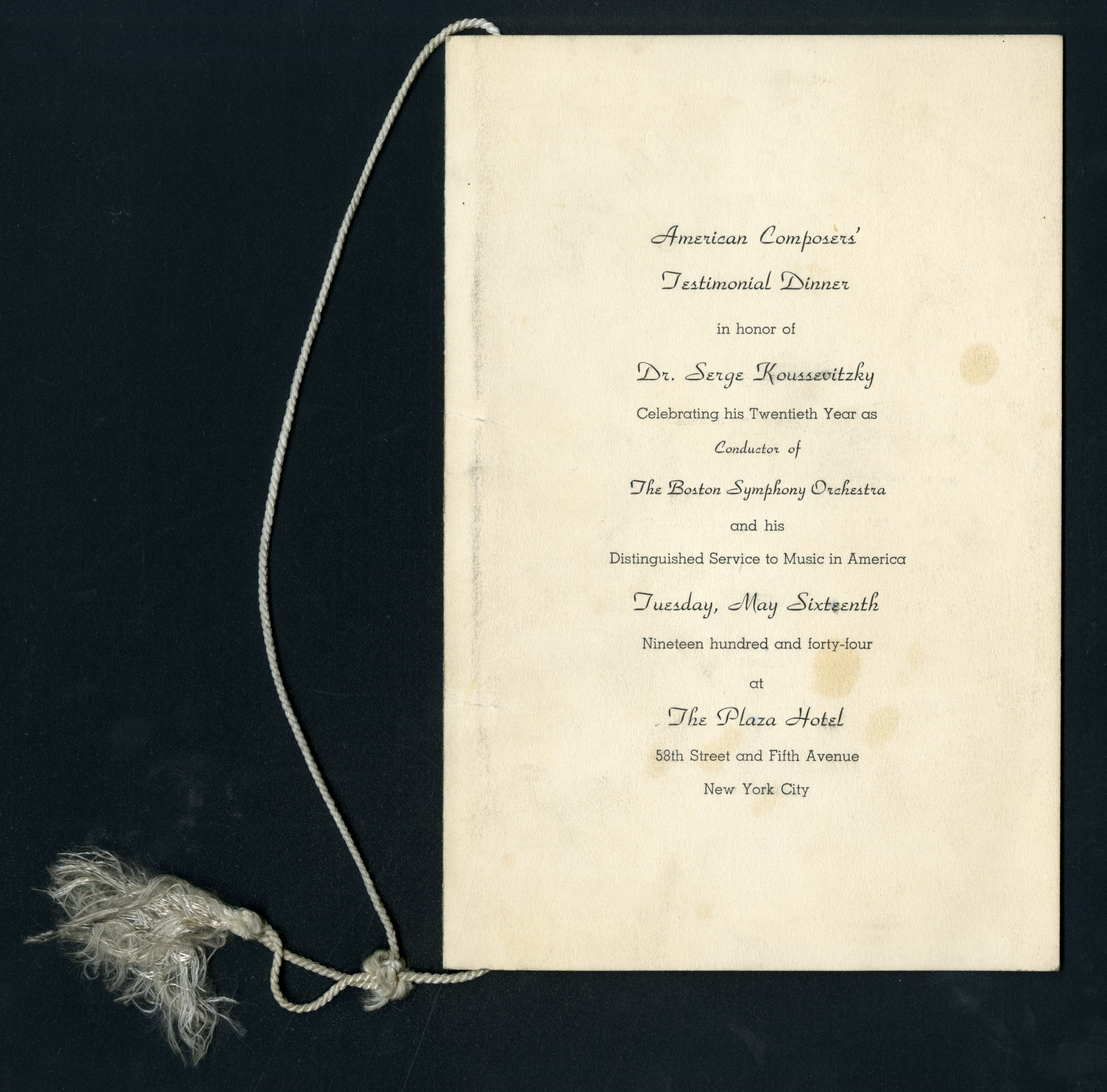 Program and dinner card for the American Composers’ Testimonial Dinner, May 16, 1944