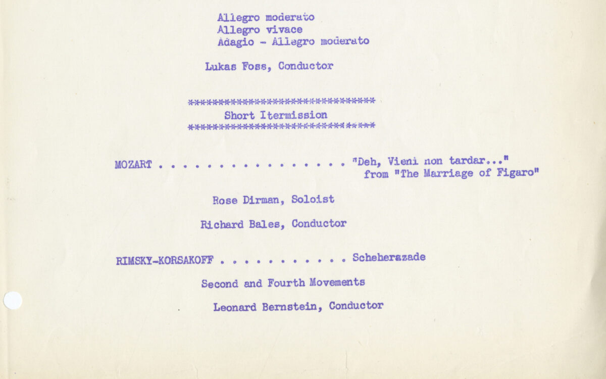 Program featuring Leonard Bernstein conducting excerpts from Rimsky-Korsakov's Scheherazade on July 26, 1940