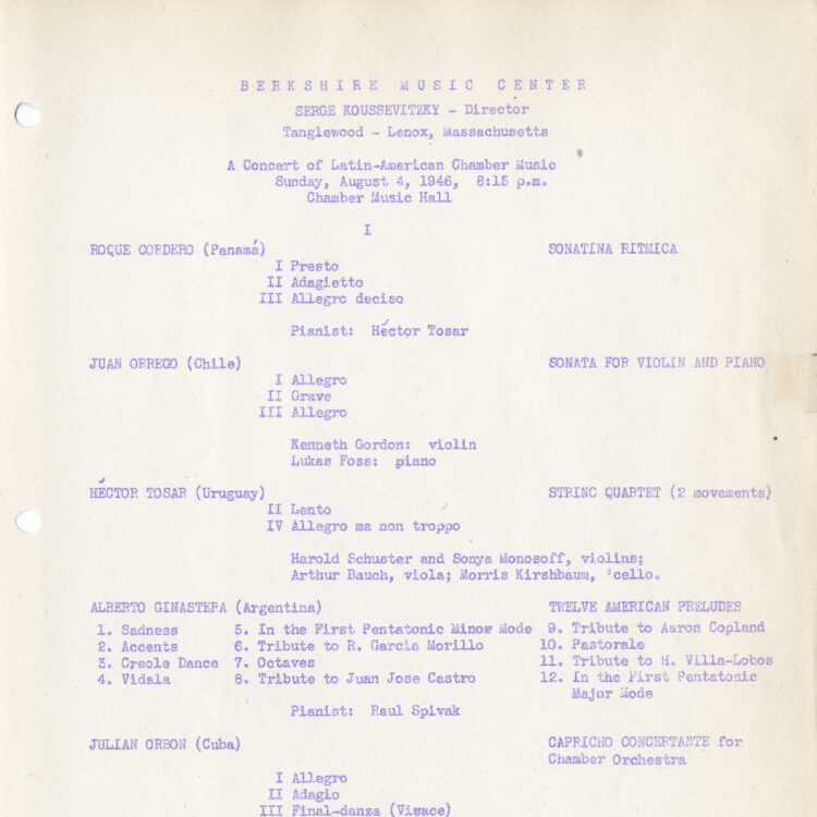 Program book for a chamber concert featuring music by five Latin American composers studying at Tanglewood in 1946