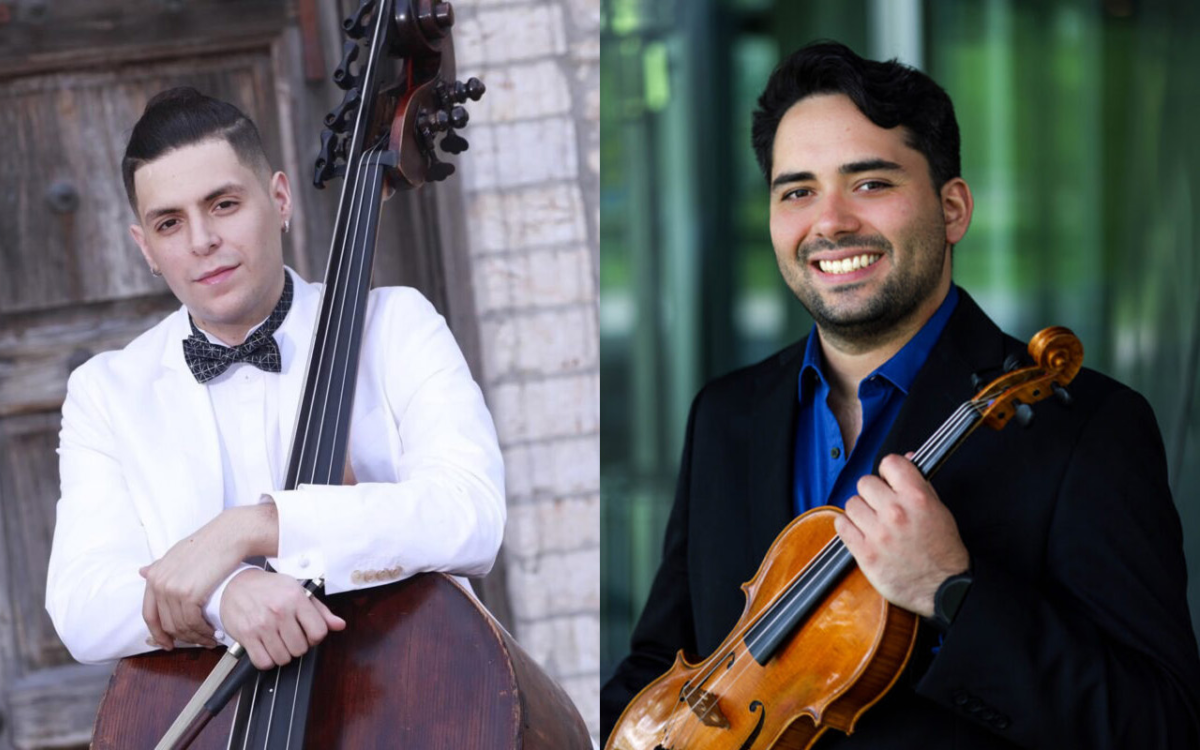 Side-by-side pictures of a young man wearing a white suit and with his arms around a double bass beside a picture of a smiling young man wearing a black suit and holding a violin