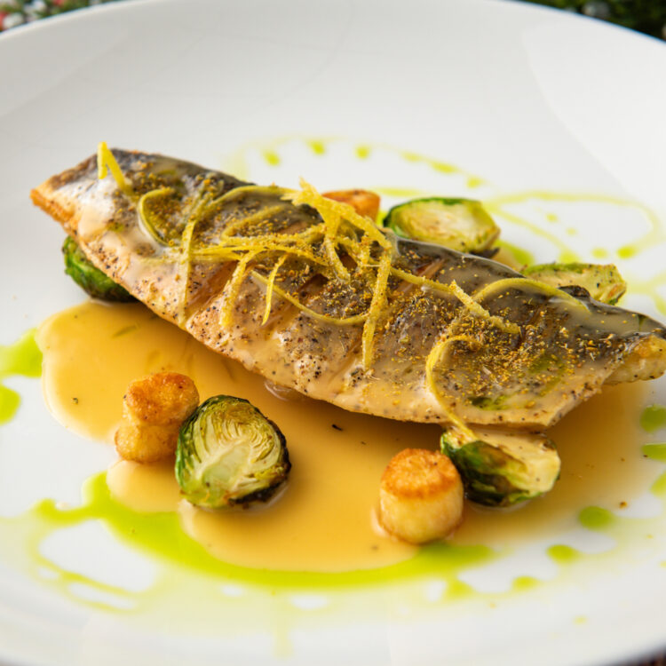 Seared Branzino, Roasted Brussel Sprout, Seared Potatoes, With Lemon Beurre Blanc, & Fennel Pollen