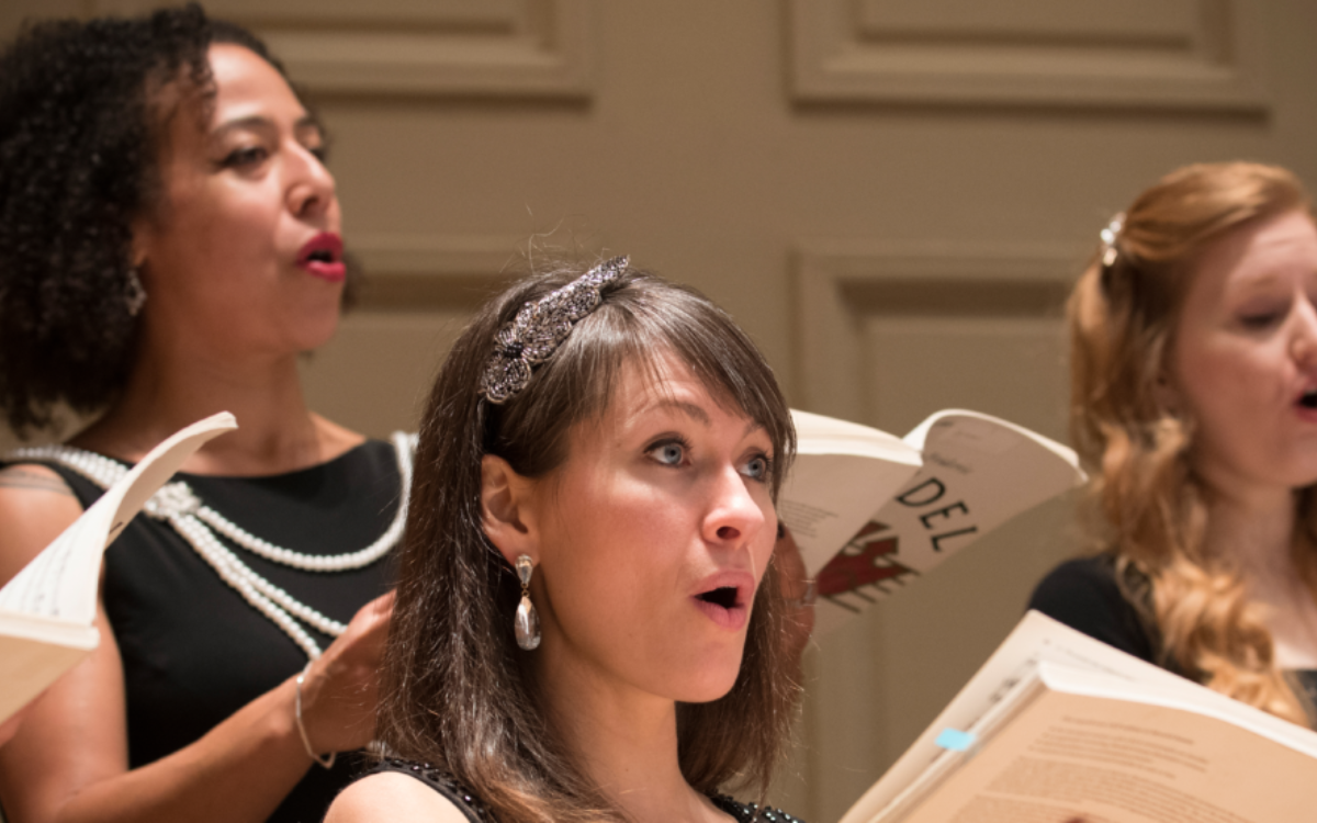 Handel and Haydn society chorus singers on stage at Symphony Hall in Boston