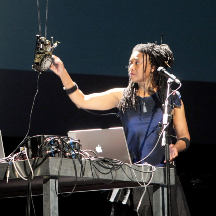 Pamela Z performing on stage