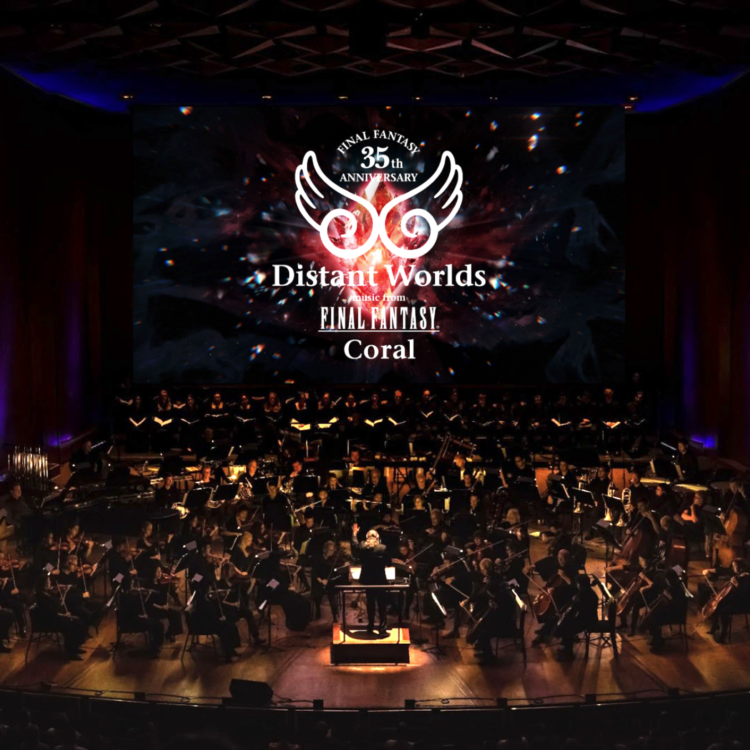 Orchestra performing onstage with a video behind them that reads: "Final Fantasy Distant Worlds 35th Anniversary, music from Final Fantasy Coral"