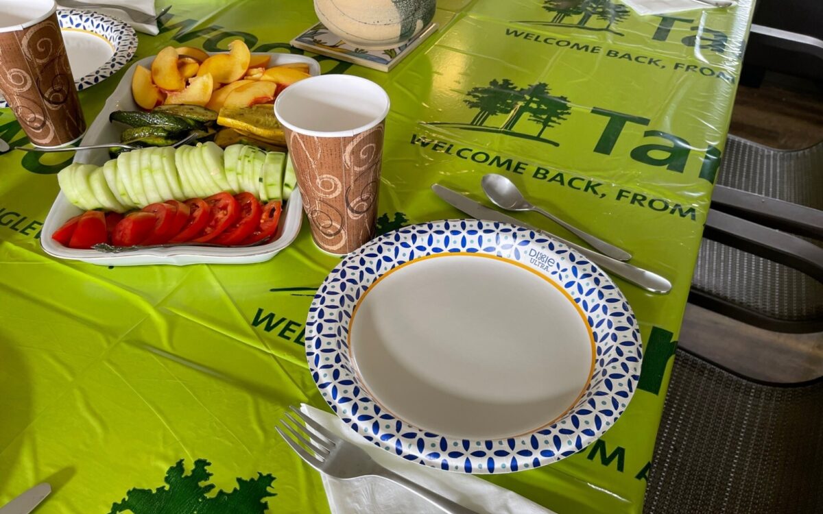 A plate and a tray of appetizers on top of a green branded tarp