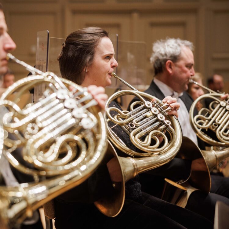 A row of horn players during mid-performance in Symphony Hall