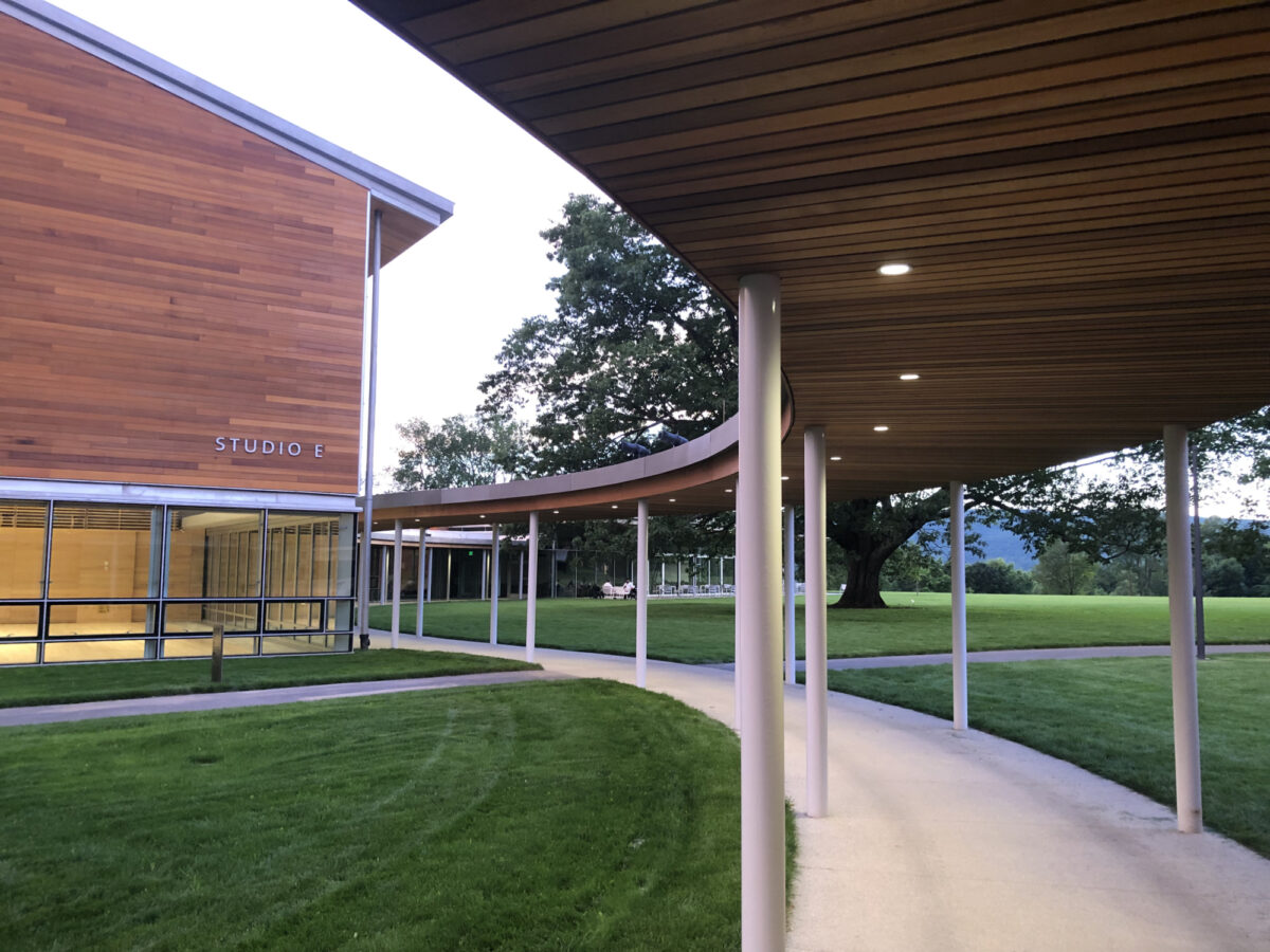 The Linde Center for Music and Learning covered pedestrian walkway leading to the inside of the building