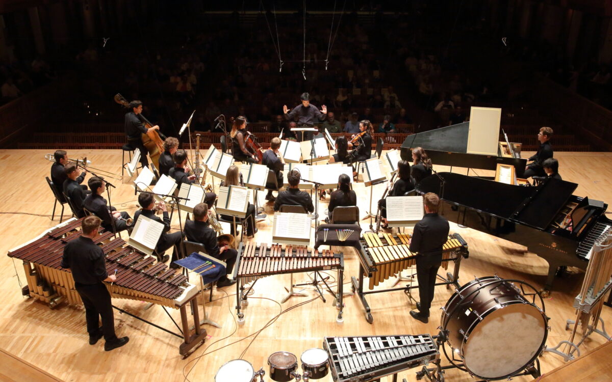 Backstage view of a large chamber ensemble performing onstage.