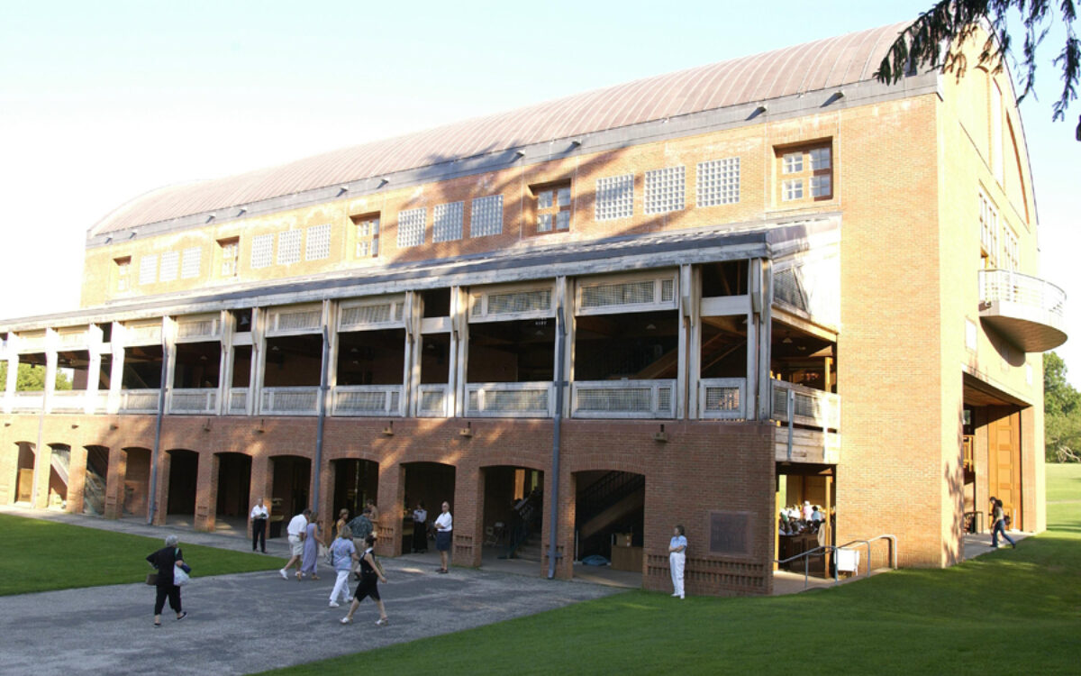 People coming and going from Ozawa Hall in Tanglewood