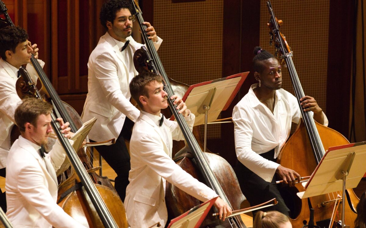 Tanglewood Music Center 2022 bass section performing on stage