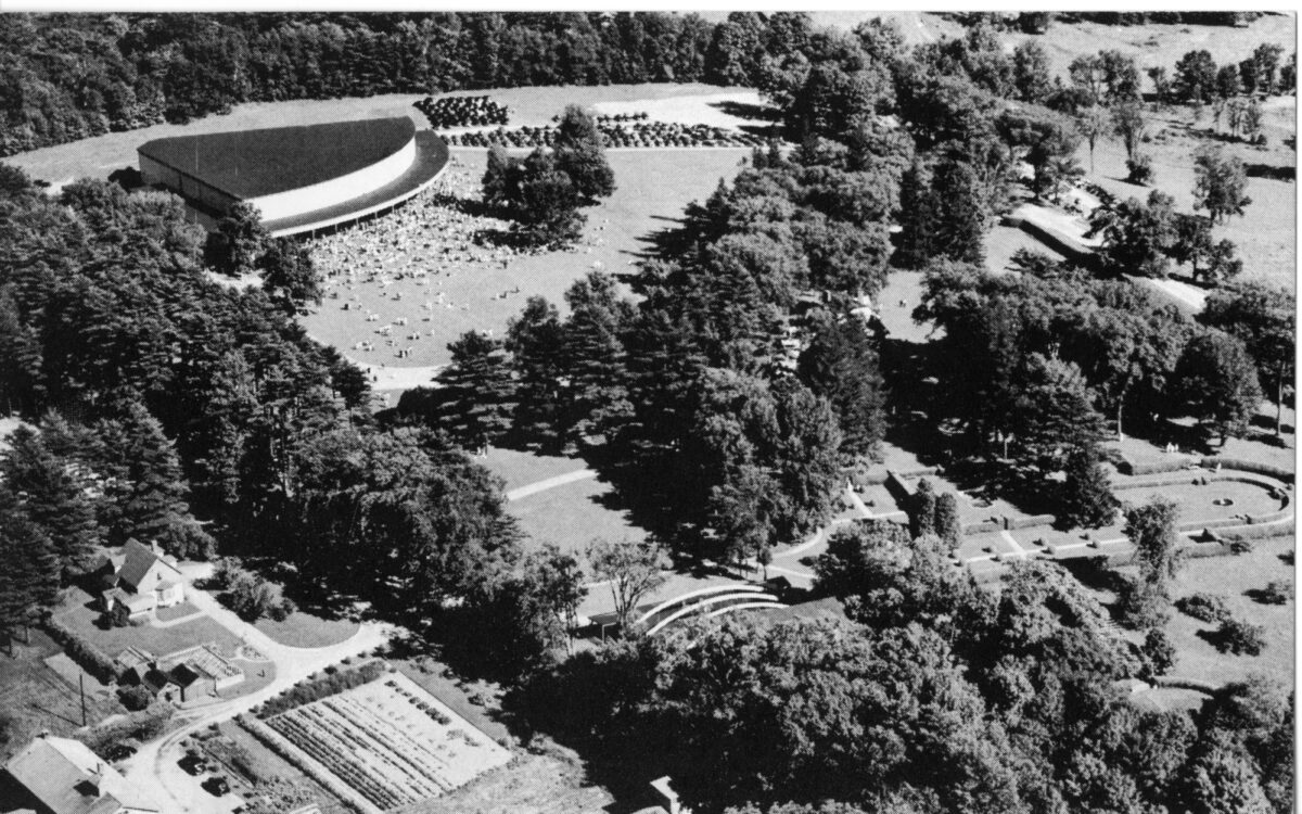 Aerial view of the Koussevitzky Music Shed surrounded by trees
