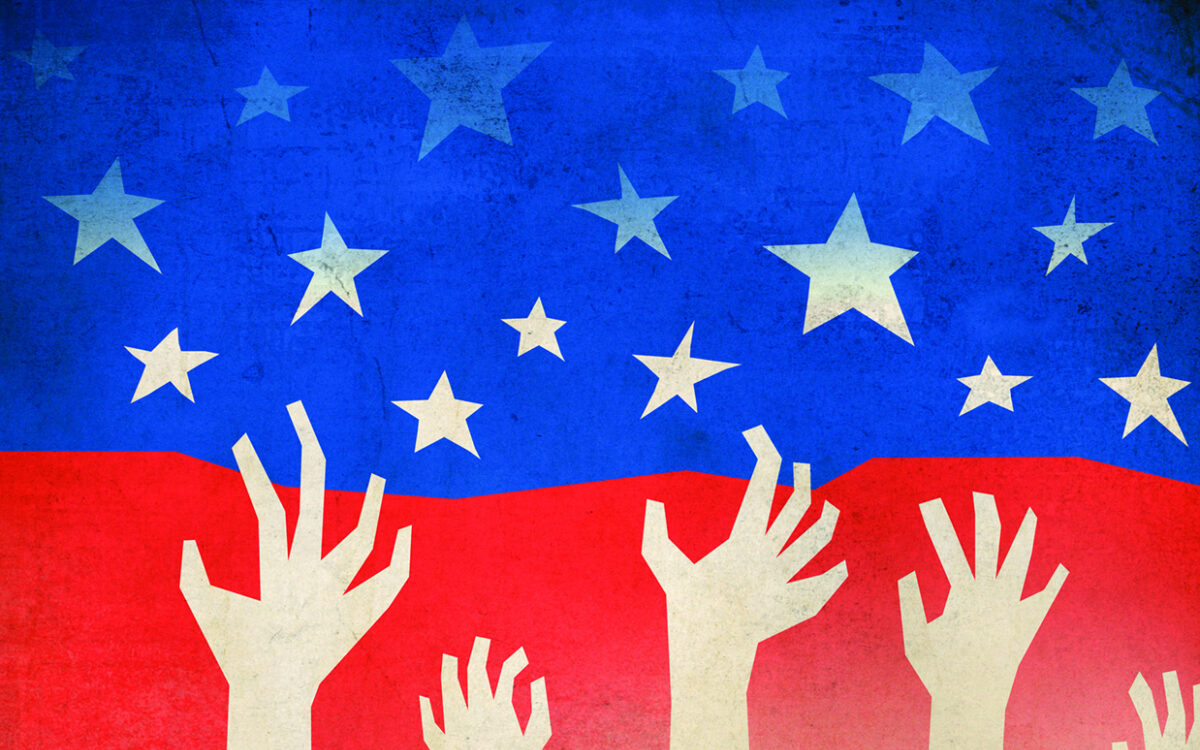 Abstract image of a vertical American flag. Blue background with white stars at the top and red background with hands reaching up to represent the stripes.